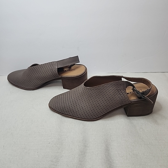 Lucky Brand Sandals Size 9 Cone Heels Closed Toe Open Back Brown - Picture 7 of 7